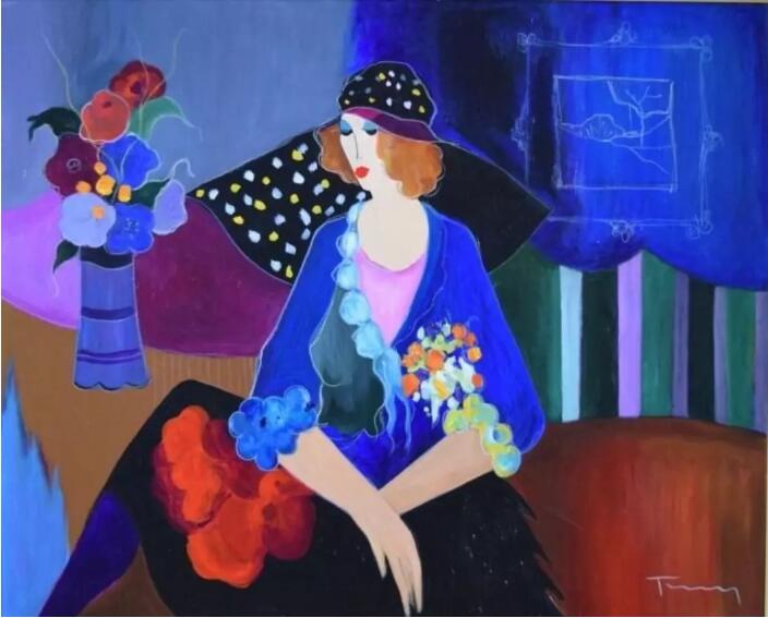 Itzchak Tarkay Portraiture Painting Lady With Black Hat! IT179